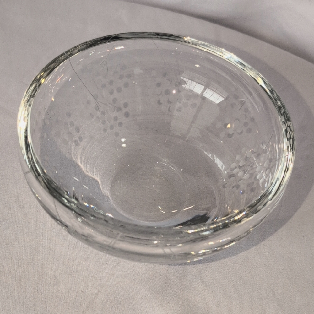 Krosno Poland Crystal Bowl Milled Top Etched Dots Heavy Thick Art Glass Dish